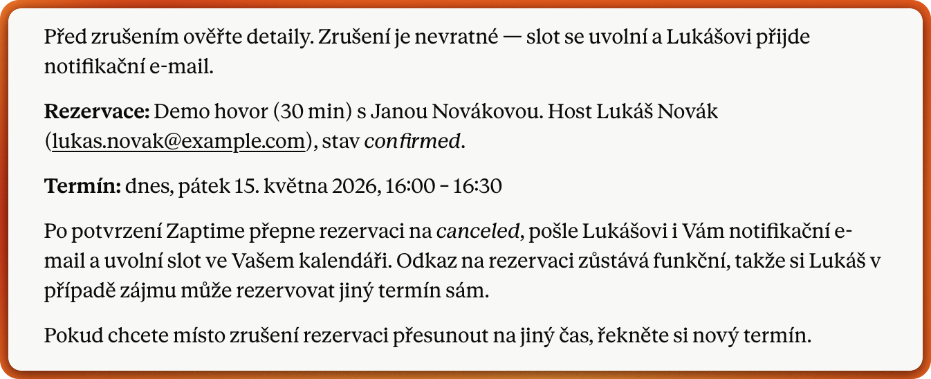 AI asistent zobrazuje detail rezervace ke zrušení s informací o klientovi, čase a typu události a čeká na potvrzení uživatele